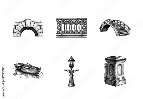 Set of vintage architecture and canal elements including a stone archway ornate bridge street lamp and rowboat in a classic woodcut engraving style