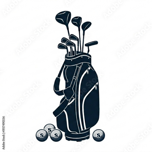 Full set of golf equipment silhouette with bag, variety of clubs, glove, and balls