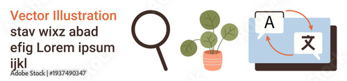 Language learning, translation services, education, study tools, communication, digital assistance. Magnifying glass, potted plant and laptop with translation icons. Language learning