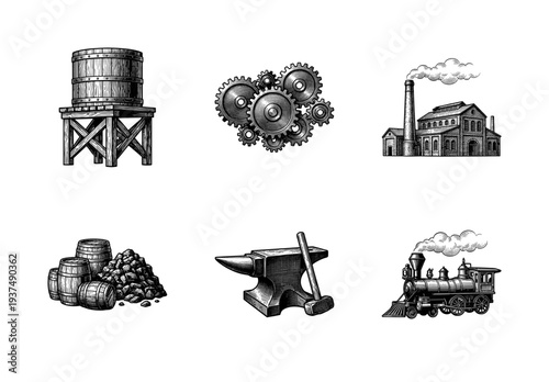 Industrial revolution era vintage etching collection featuring steam train locomotive factory anvil gears and wooden water tower