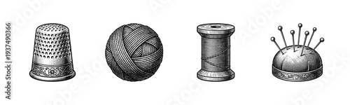 Vintage engraving style sewing and knitting supply collection featuring a metal thimble, ball of yarn, wooden thread spool, and pin cushion.
