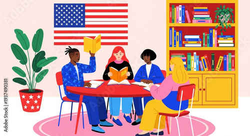 English Language Day Diverse Group Engages in Collaborative Learning and Knowledge Sharing, Immersed in Literature and American Culture within a Community Setting