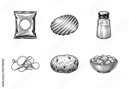 Vintage engraving style potato chips and snack collection featuring whole potato salt shaker and bag illustrations