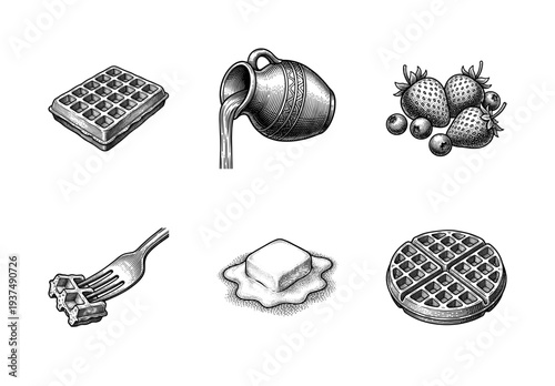 Vintage engraving style waffle breakfast set including square and round waffles, maple syrup jug, melting butter, fork, and fresh berries