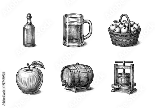 Vintage cider production collection featuring hand drawn engraving style illustrations of apples, wooden barrel, press, basket, bottle, and glass mug.