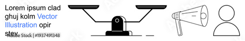 Justice, communication, human rights, equality, advocacy, decision-making. Black-and-white balance scale, megaphone and person icons. Justice and communication highlighted