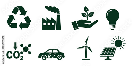 Environmental and Green Energy Icons Set with Eco and Renewable Symbols