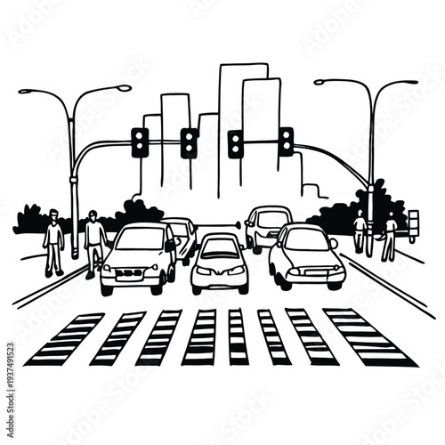 Urban city traffic with cars trucks and tram on the road vector illustration