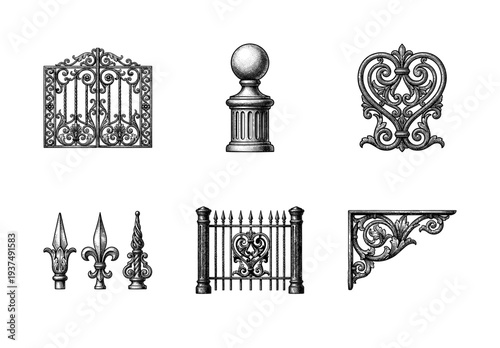 Vintage collection of wrought iron architectural elements including ornate gates, fence sections, finials, and decorative brackets in a hand drawn engraving style.
