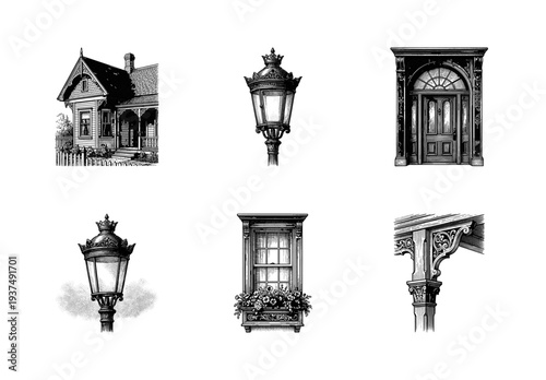 Vintage Victorian architectural elements collection featuring woodcut style illustrations of a cottage, street lamps, ornate doorway, window box, and decorative pillar