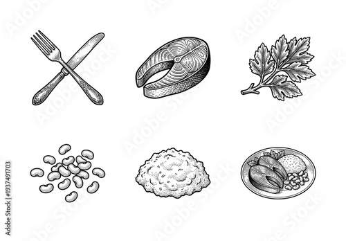 Vintage engraving of a healthy meal set including salmon steak, white beans, rice, and parsley garnish with cutlery on a plate