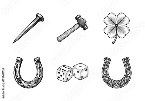 Vintage engraving style collection of luck and gambling symbols including horseshoe four leaf clover dice hammer and nail