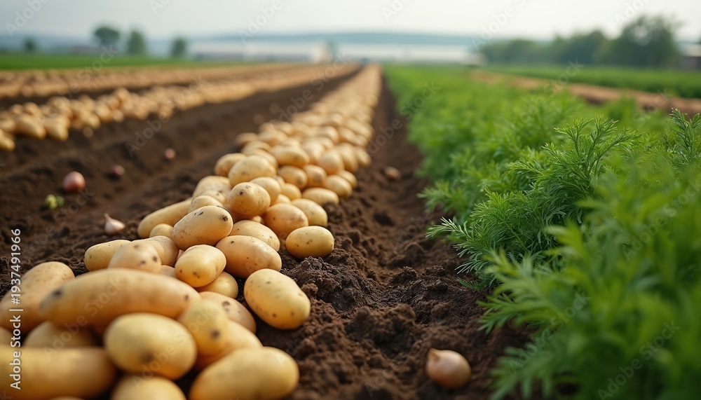Fototapeta premium Rows of fresh potatoes and green carrot tops grow on a farm field. The soil is dark brown and fertile. Harvested vegetables are piled high, ready for sale.