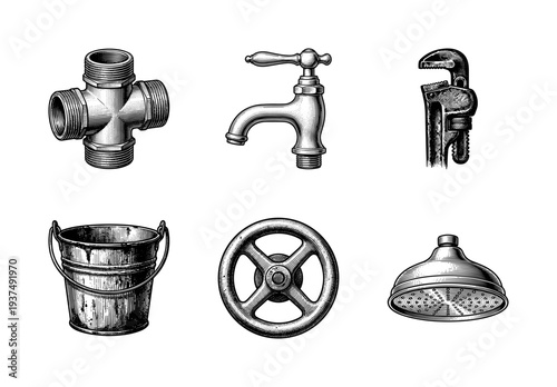 Vintage plumbing and hardware tool set featuring a cross pipe fitting, faucet, wrench, bucket, valve wheel, and shower head in a classic woodcut engraving style.