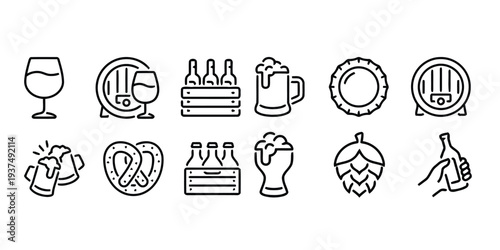 Set of flat line icons representing beer production and consumption for digital use