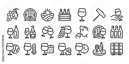 Set of flat line icons representing wine production and consumption for digital use
