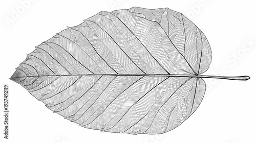 Detailed Black and White Drawing of a Single Bodhi Leaf.