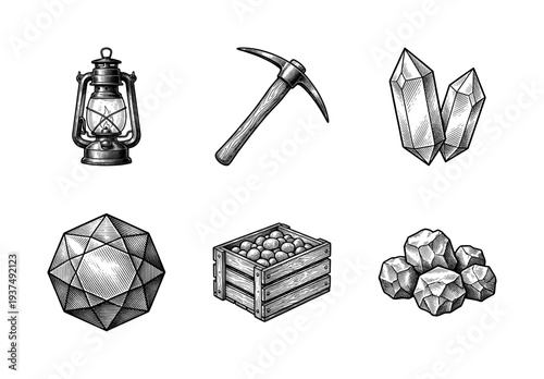 Vintage engraving style mining and geology icons set featuring lantern, pickaxe, crystals, gemstone, ore crate, and raw minerals.