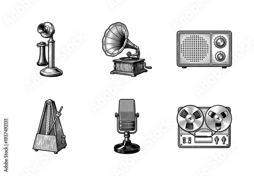 Vintage audio and communication technology collection featuring a gramophone, rotary telephone, radio, microphone, metronome, and reel-to-reel tape recorder in woodcut style.