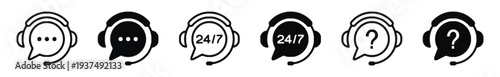 Set of call center and customer support icons with headset and speech bubbles