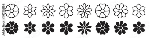 Set of floral icons, both outline and filled, showcasing diverse flower shapes