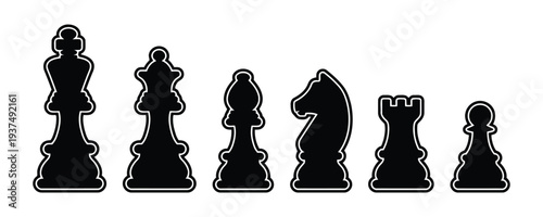 Set of chess piece silhouettes representing king queen bishop knight rook pawn