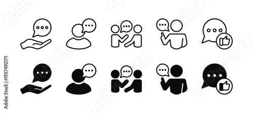 Set of communication and social media icons, speech bubbles with people and hands
