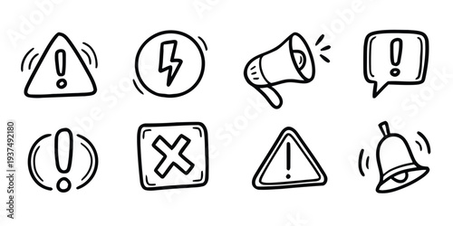 Set of hand-drawn warning and alert symbols like exclamation marks and megaphone
