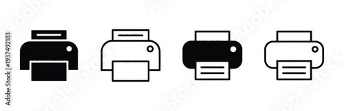 Set of four printer icons with different styles including solid black and outline designs