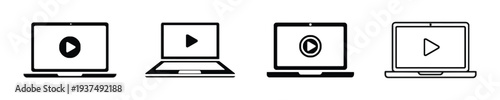Set of laptop icons with play buttons for video content