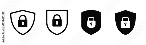 Set of four shield icons with padlock symbol for security and protection concepts