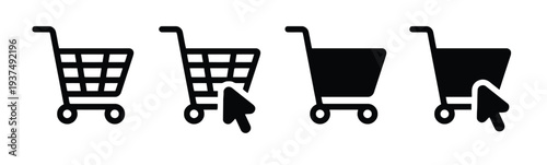 Set of four shopping cart icons with cursor for e-commerce and online shopping concepts