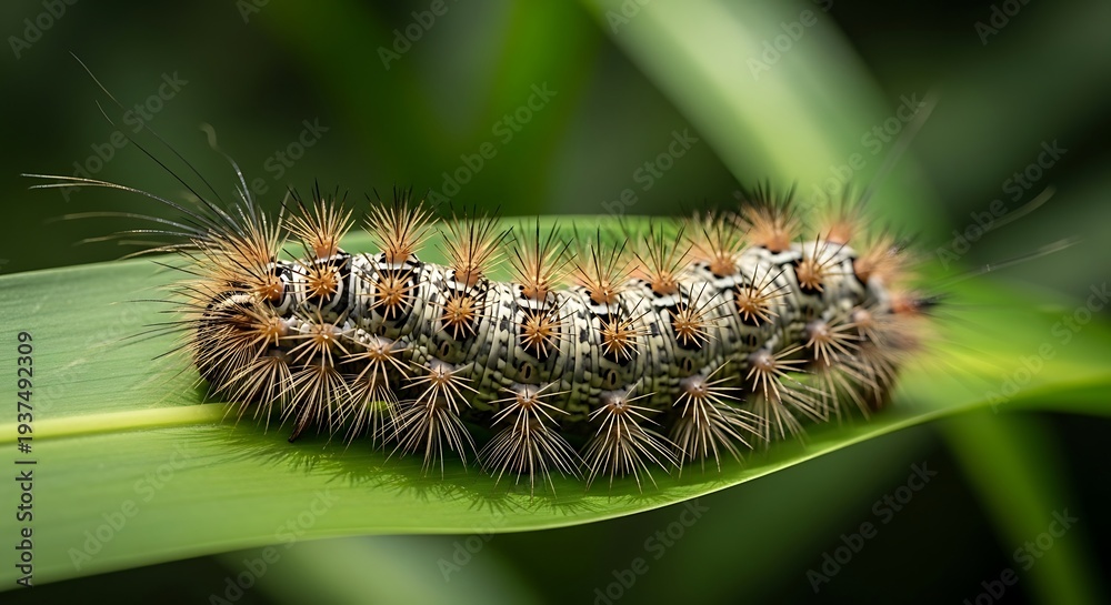 Fototapeta premium Caterpillar on Green Leaf Closeup.