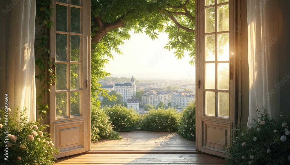 Fototapeta premium Open french doors frame city skyline view with lush green plants. Sunlight streams onto wooden deck and flowering bushes. Peaceful residential urban landscape.