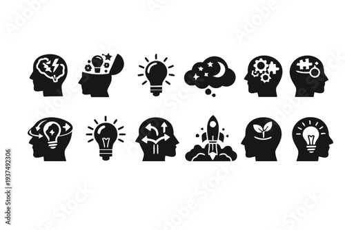 Set of human head and idea icons representing brainstorming, innovation, and startup
