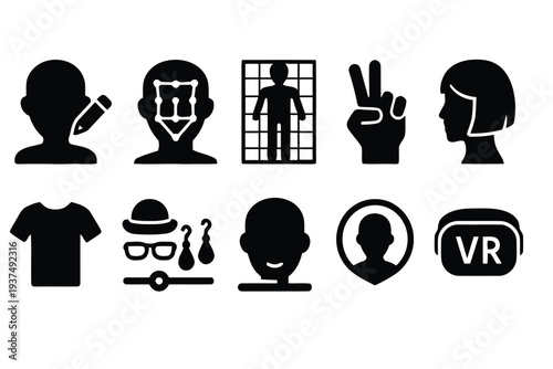 Set of human silhouette icons representing activities, fashion, and technology