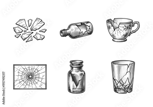 Vintage style engraving collection of broken glass objects including bottles, cups, and shattered window panes