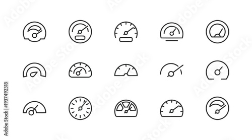 Set of gauge icons representing speed, performance, and measurement with clean lines and simple design