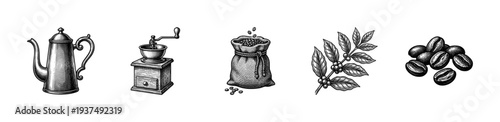 Vintage engraving style coffee collection featuring a manual grinder, antique pot, burlap sack, botanical plant branch, and roasted beans
