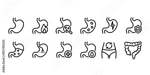 Set of human stomach and digestive system icons for medical and health information