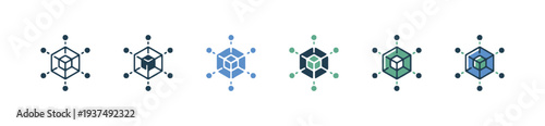 Set of geometric network connection icons representing blockchain or data structure