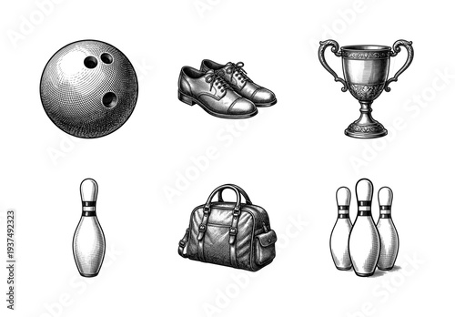 Vintage engraving style bowling equipment collection featuring ball, pins, leather shoes, duffel bag, and ornate trophy cup.