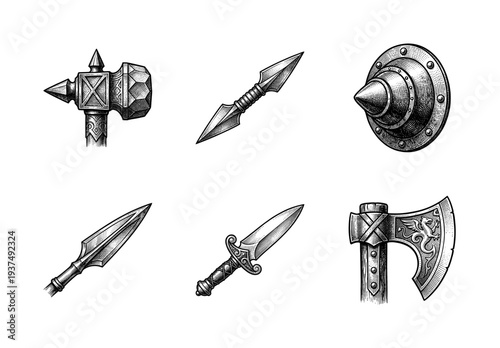 Vintage engraving of medieval fantasy weapons and equipment collection including battle axe hammer daggers and shield with ornate heraldry