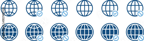 Set of globe icons with check mark and block symbols in thin and thick outline styles for web navigation