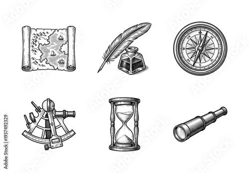Vintage nautical and navigation equipment collection featuring hand drawn engraving style illustrations of maritime tools and exploration icons.