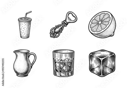 Vintage style engraving collection of bar and beverage elements including glassware, bottle opener, citrus fruit, and ice cube