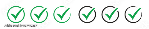 Set of green and black check mark icons within circles confirmation and approval symbols