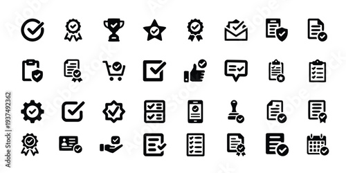 Set of icons representing approval, achievement, and verification