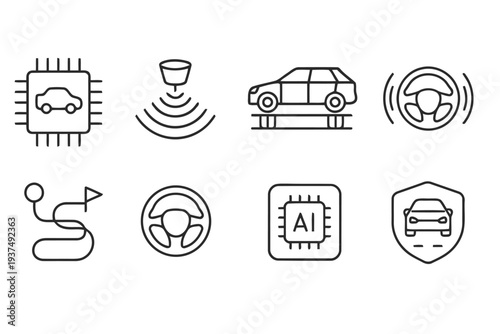Set of icons representing autonomous driving technology and smart car features