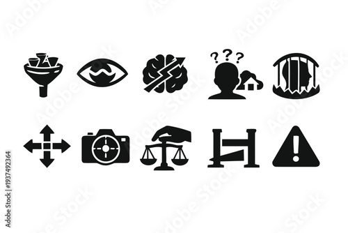 Set of icons representing business concepts like sales funnel vision strategy and security